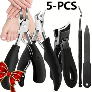 Complete Nail Kit for Thick Nails 5pcs Set with Slant Tweezers Cuticle Pusher Eagle Beak Pliers Heavy-Duty Precision Cutting Manicure Tools Salon Professional