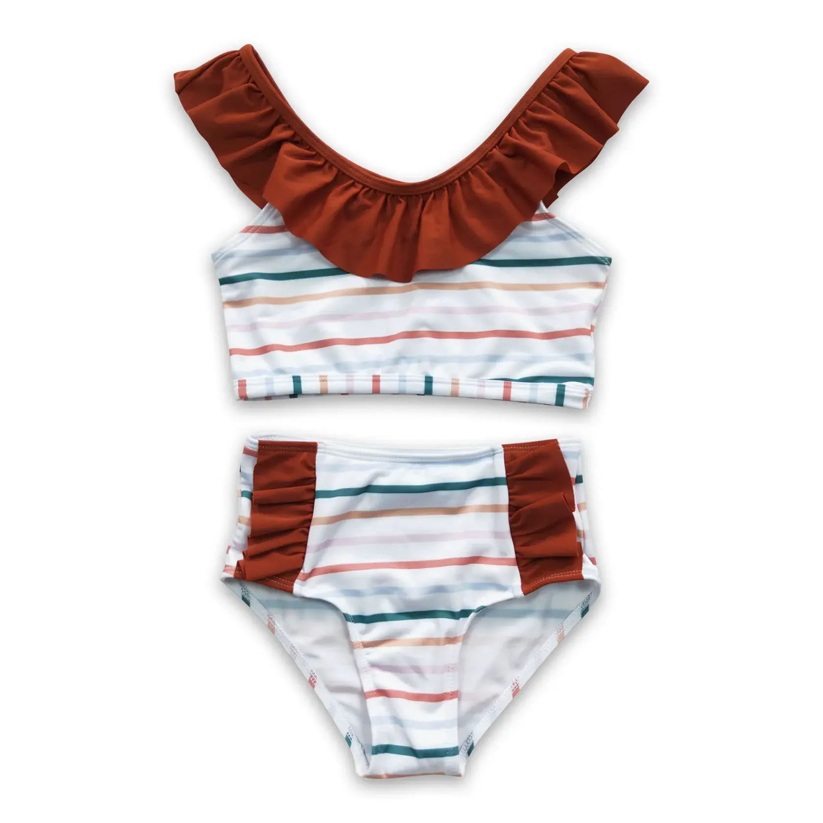 Girl's Striped Bikini Set, Cute 2-Piece Ruffled Swimsuit Style, Kids Summer Beachwear Matching Set, Striped Matching Set Girl's Bikinis Set