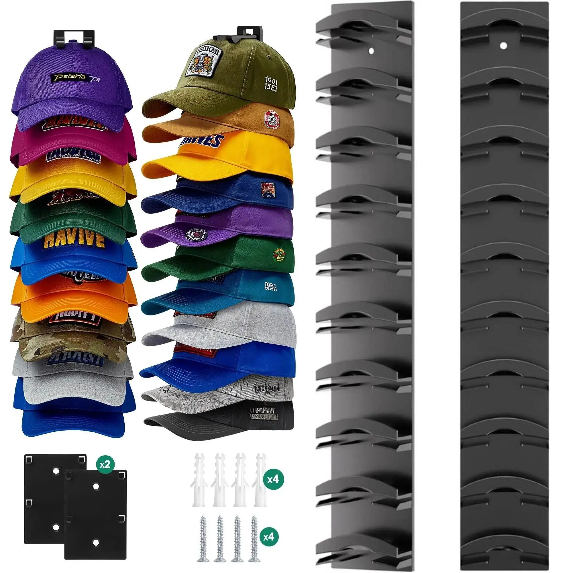 Hat Organizer for Baseball Cap 2Pack, Hold up to 20 Hat Adhensive for Wall Hat Rack Hanger Display for Door Closet, Cap Organizer Storage Multilayer Adhesive or Screw Mount, Space-Saving Design-Black