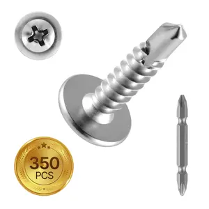 VEVOR #8 Self Drilling Wood Screws,  3/4 Inch Long 350 PCS Truss Head Wood Screws, Phillips Drive Quick Metal Self Tapping Screw, Stainless Steel and Full Thread, Screwdriver Bit Included, Silver