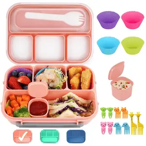 Microwave Lunch Box Food Storage Container, Four Compartment Design, Durable Meal Organizer with Muffin Cups, Forks, Sauce Containers, Microwavable Bento Box