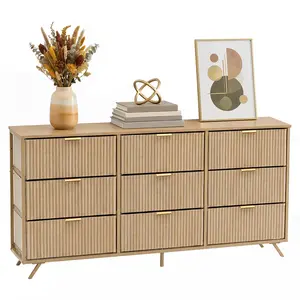 DUMOS 9-Drawer Fabric Dresser for Bedroom - 57" Fluted Wooden Cabinet with Reinforced Base, Modern TV Stand for 35/45/55-Inch TV, Home & Bedroom Decor Organizer for Room Storage Organization