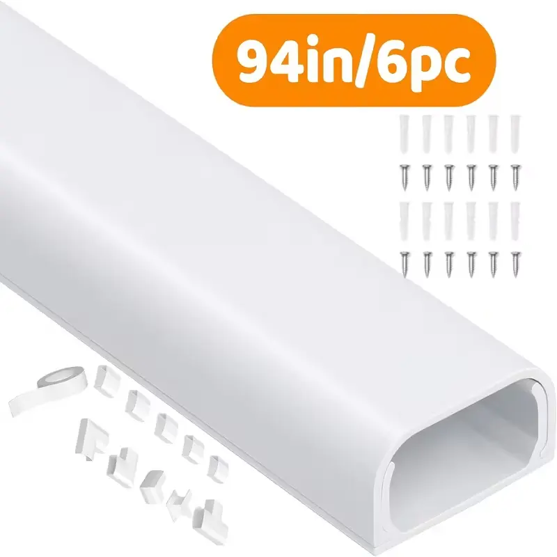 White PVC Cable Management Trunking Cover Plates (6-Piece) - Self-Adhesive, Paintable, Fire-Retardant, Customizable, Lock System - 0.95" Wide, 0.55" H, 157"/94" Length - Indoor Use, Conceal Cords Neatly for Home Office Desks, Walls