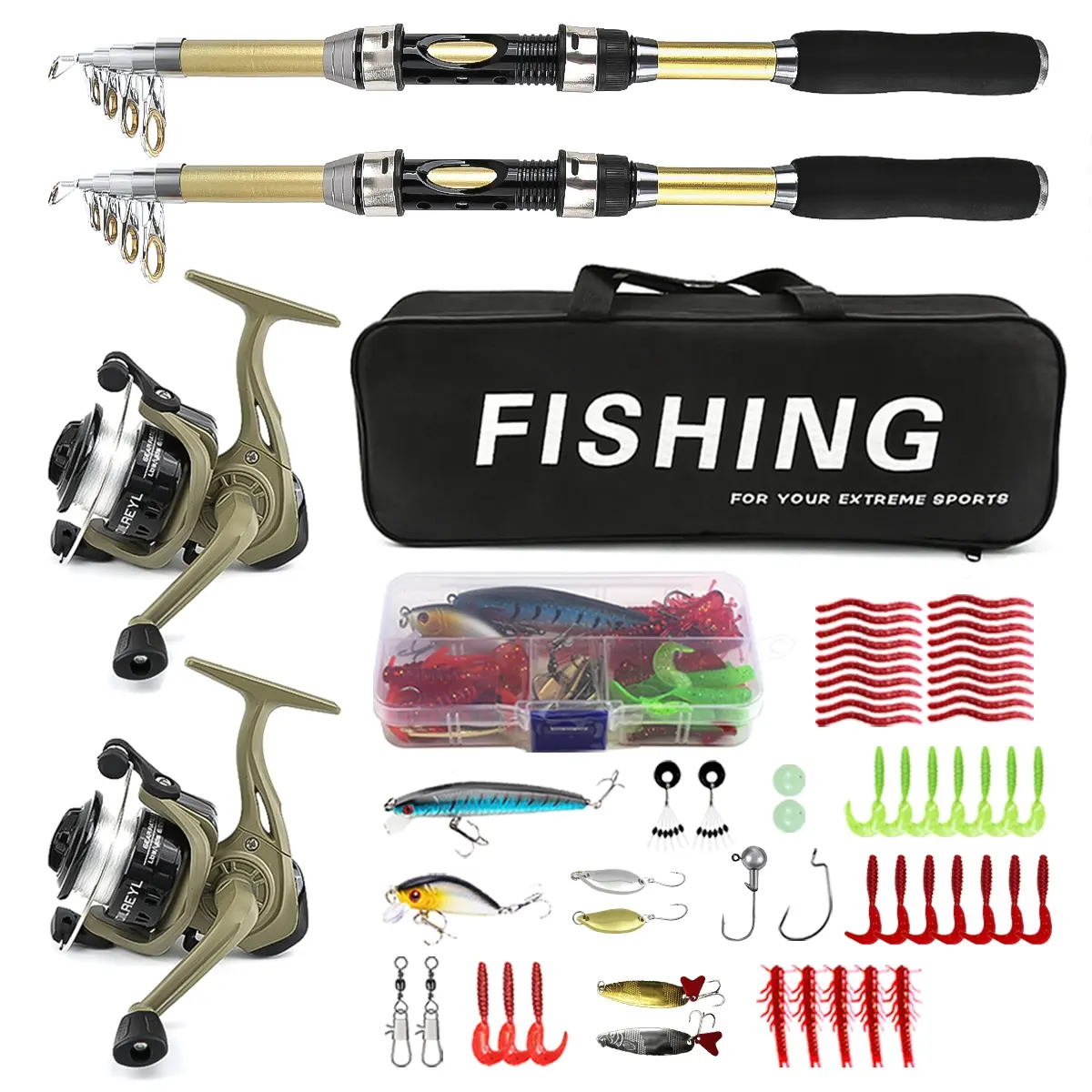 2pcs Fishing Rod Set, Fishing Gear Set, Fishing Tackle Kit, Fishing Equipment, Fishing Supplies, Telescopic Fishing Rod with Spinning Reel, Complete Lure Kit and Fishing Bag, Perfect for Beginner Fishing and Camping Adventures