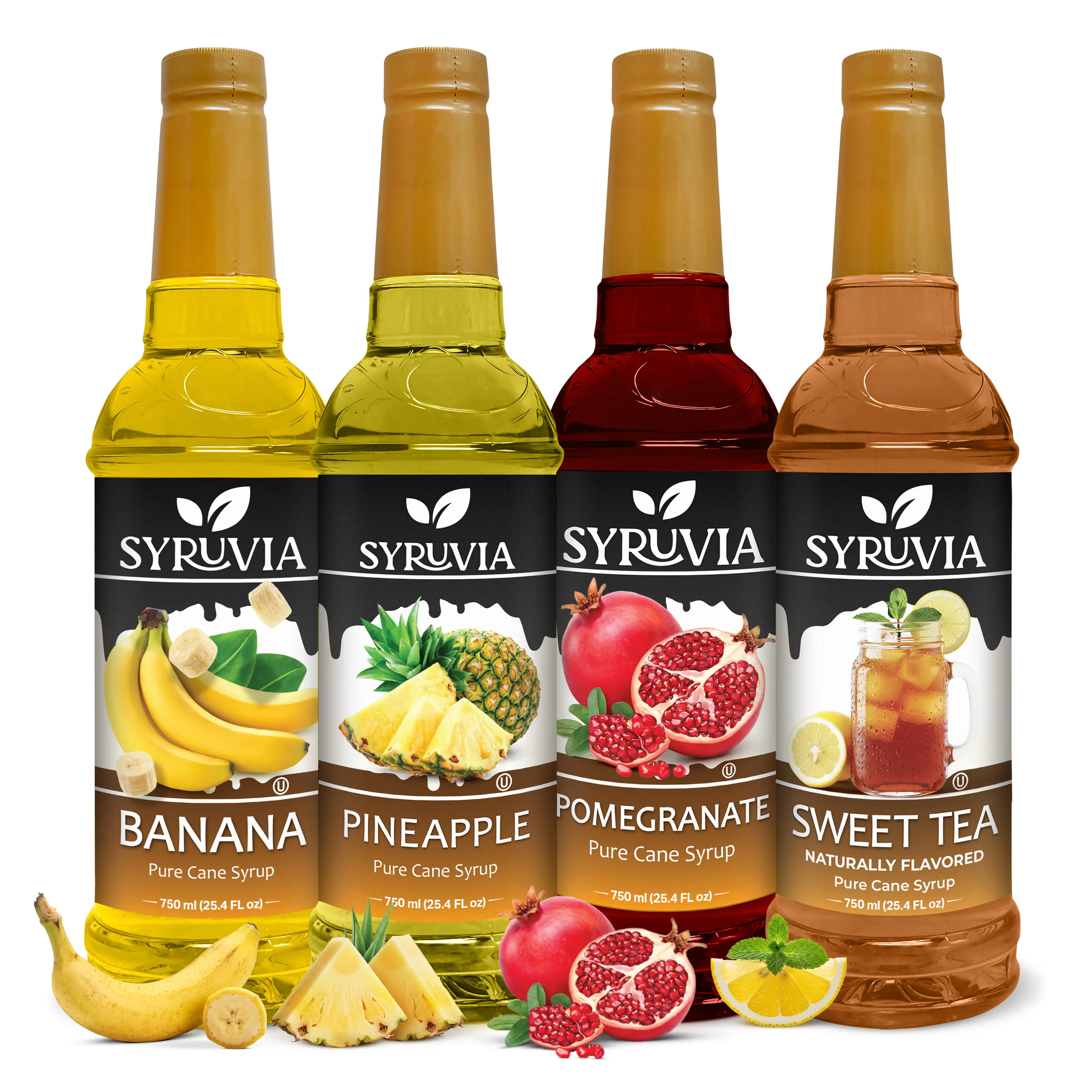 Syruvia Fruity Cane Sugar Colorful Gluten-Free Safe Allergy Sweet Fruit Syrup Variety Pack - Banana, Pineapple, Pomegranate, Sweet Tea Flavors - For Lemonades, Iced Teas, Desserts - 25.4 Fl oz Bottles (4 Pack)