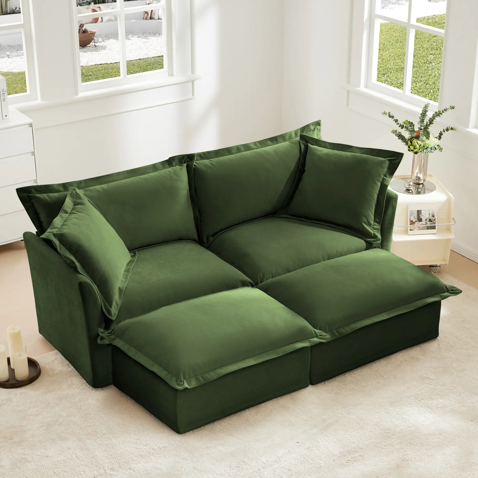 Slipcovered 2 Seater Sofa with 2 Ottomans, Sleeper Sofa Bed for Living Room Home Theater, Oversized Couch, Chenille Upholstered, Green, 2-Seat Sofa Set with Ottoman, Living Room Furniture for Apartment, Lounge, Family Room, Sofa Couch Seating