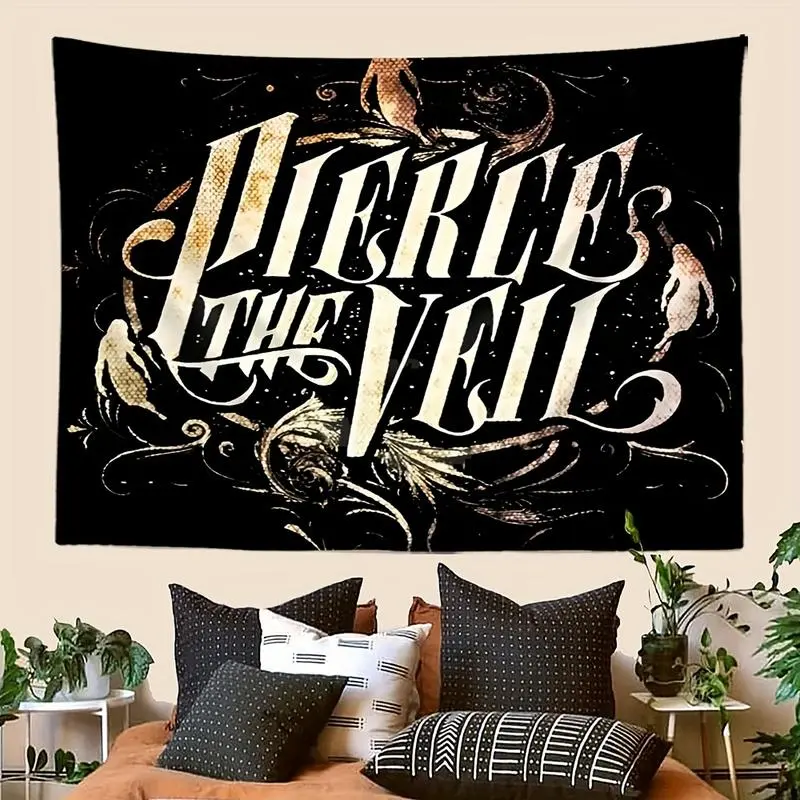 1pc Pierce the Veil Album Art Tapestry - Polyester Bedroom Decor with Black Background, White-Golden Swirls, Bird Motifs - Ideal Gift for Music Lovers