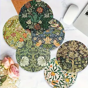 Floral Pattern Wooden Coaster, 6 Counts/set Heat Resistant Non-slip Coaster, Decorative Placemat for Home Kitchen & Dining Room
