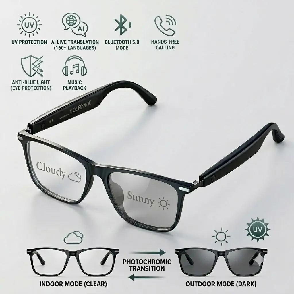 Smart Photochromic Lenses Bluetooth Glasses with 160+ Languages Live Translation App, Anti-Blue Light & UV400 Protection & Hands-Free Calling, 6-Hour Battery Life, Ultra-Ligh tweight Eyewear for Travel & Daily Use