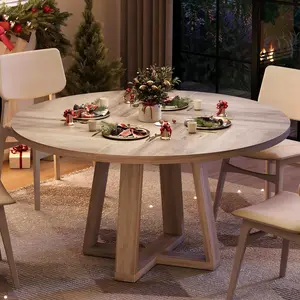 Grey Round Dining Table for 4-6 People,47" Farmhouse Kitchen Table with Wood Cross Pedestal Base for Living Room,Dining Room(Table Only)