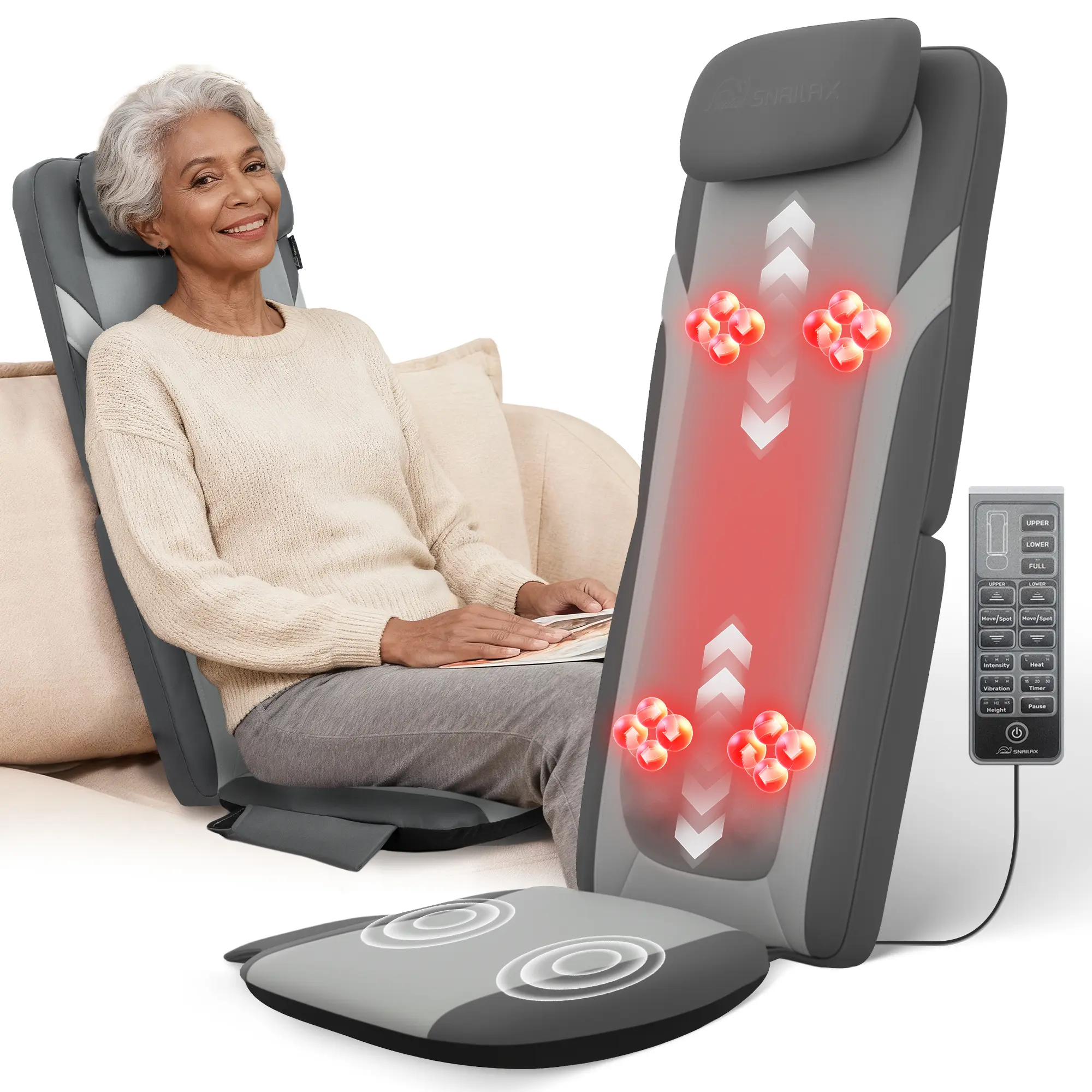 Snailax Heated Vibrating Shiatsu Back Massager with Long Track 3D Rollers and 3 Height Settings for Full Back Pain Relief & Back Health Solutions, Christmas, Birthday, Father’s Day, Massage Devices, Holiday, Gift, Us, Warm, Timer Auto-Off, Adults