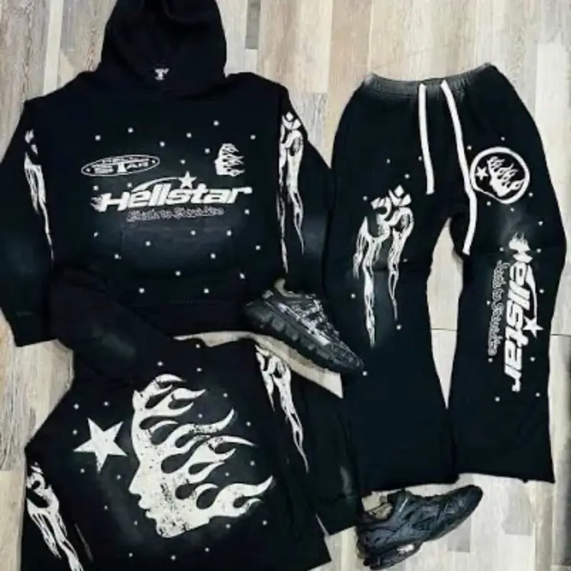 Hellstar Full Outift - Black Hoodie & Joggers Set with White Star and Flame Design