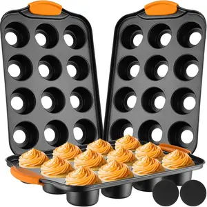 3 Pack Mini Cheesecake Pans Removable Bottom 12 Cavity Mini Cupcake Pan with Handle Nonslip Anti Heat Nonstick Carbon Muffin Mold 13 x 8 Baking Molds(Orange)