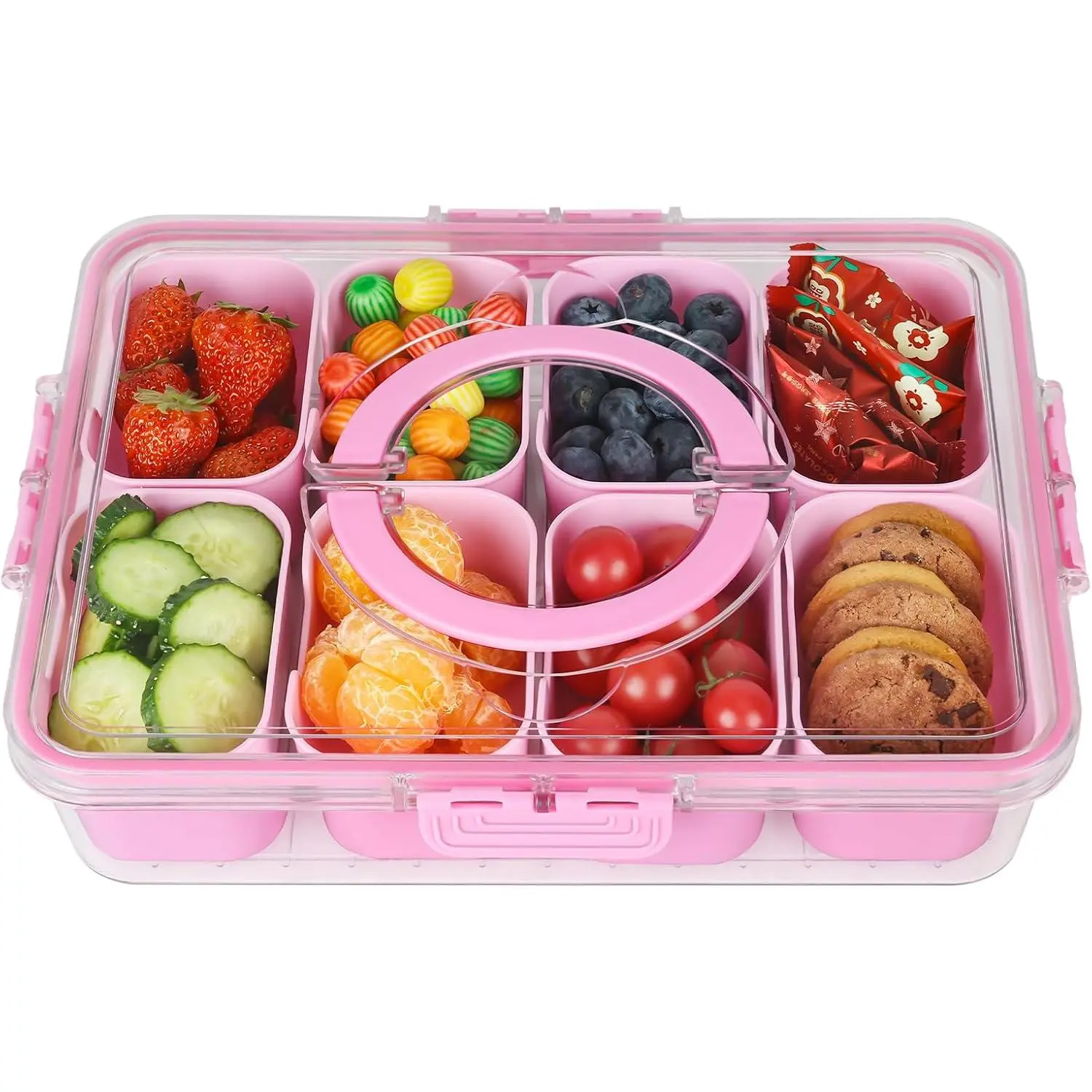 Divided Serving Tray with Lid and Handle, Portable Snackle Box Charcuterie Container for Party, Veggies, Fruits, Nuts, Candy, Food Tray Platter Snack Box for Entertaining, Picnic, Pink