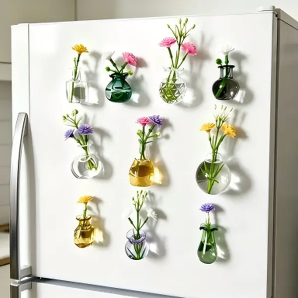 10pcs Cute Mini Glass Vase Fridge Magnet Set - Tiny Magnetic Flower Holders, Refrigerator Decorating Magnet, Locker Accessories for Kitchen Office, Aesthetic Home Room Decor