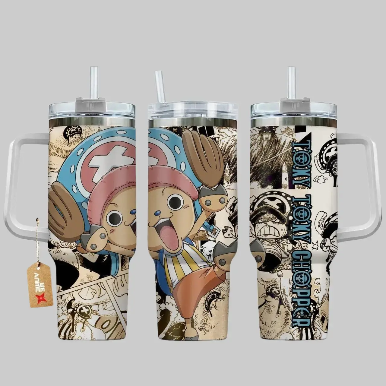Cute Anime Reindeer Doctor Inspired 40oz Tumbler with Handle, Pirate Manga Aesthetic Cup, Chopper Style Character Fan Gift, Adventure Anime Travel Mug, Stainless Steel Insulated Tumbler