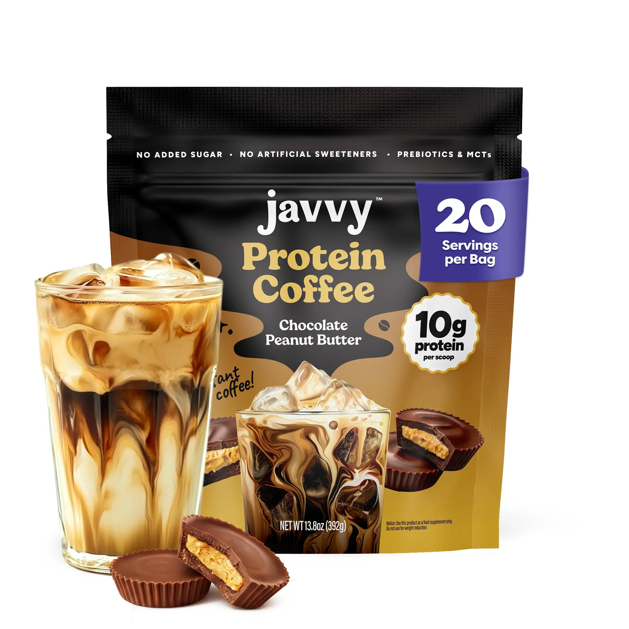 Javvy Chocolate Peanut Butter Protein Iced Coffee Beverage - Premium Whey Protein, Premium Arabica Coffee, Instant Cold Brew - 100% Natural, 0 Artificial Flavors & Sweeteners, 80mg Caffeine, No Added Sugar, 20 Servings