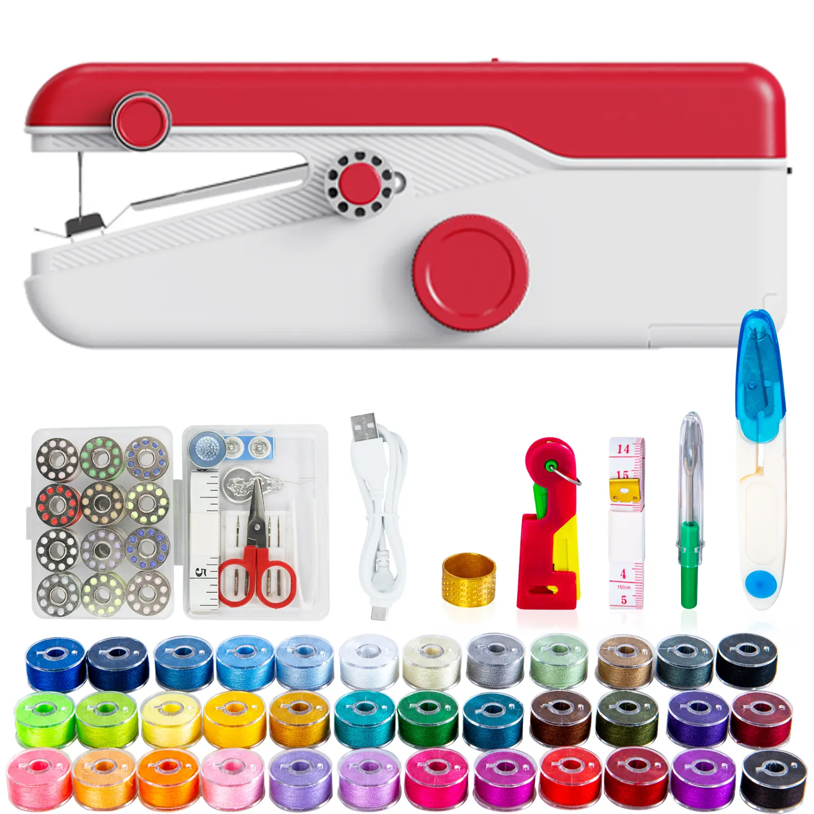 Cordless Electric Handheld Mini Sewing Machine Complete Sewing Kit, 2 Speed Portable Handy Stitch Stapler with Full Accessories Thread Spools Scissors Measuring Tape Needles, Dual Power USB/Battery Quick Clothes Mending Tool for Beginners Home Travel DIY