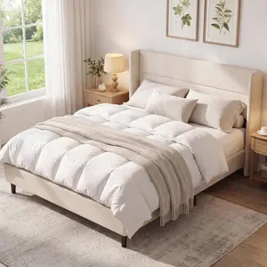Queen size velvet platform bed with wingback padded headboard, solid wood slats for stable support. Box-spring free structure, effortless assembly, modern black upholstered bed for bedroom.
