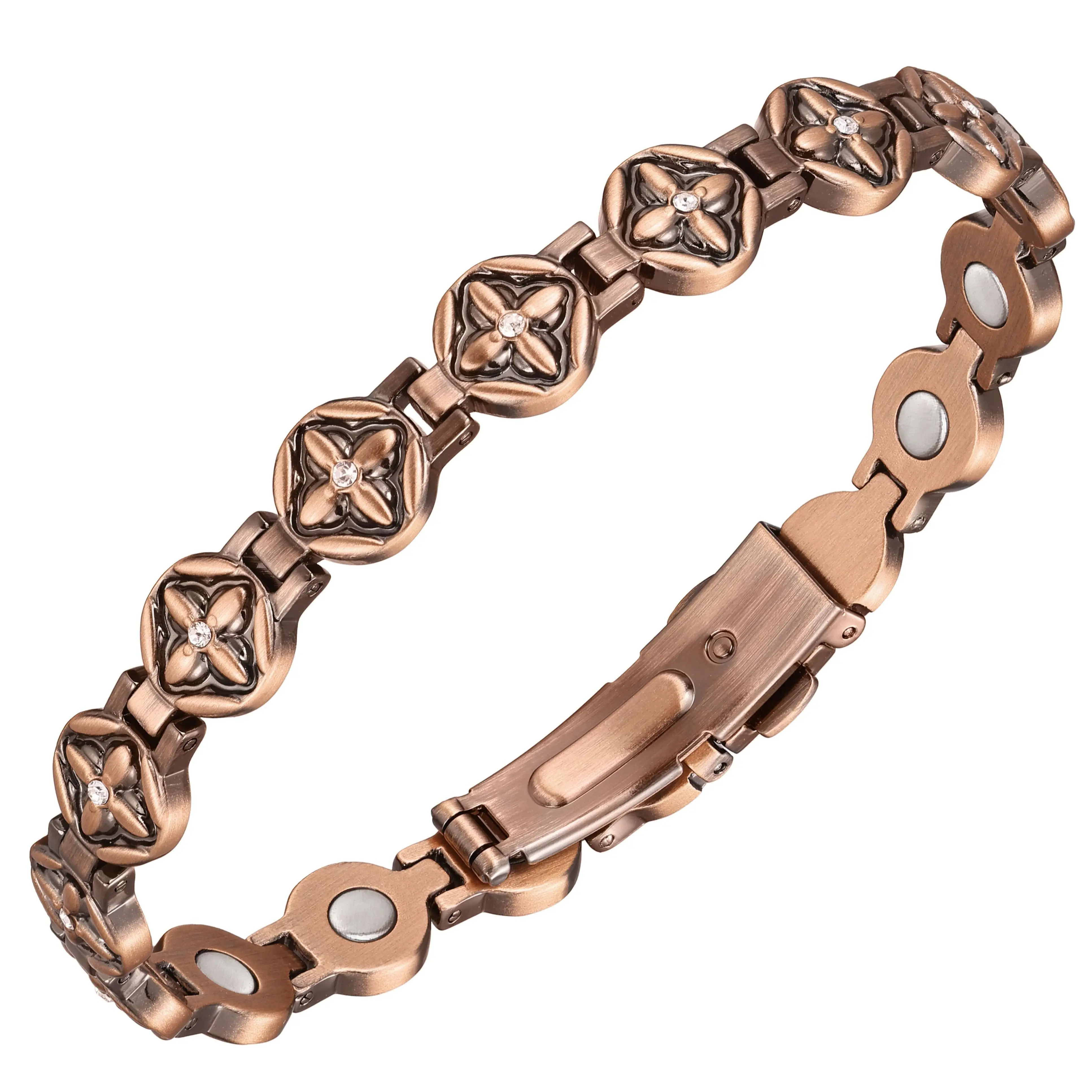Jecanori Women's Solid Copper Bracelet Antique Bronze Four-Leaf Clover Design 3500 Gauss Magnet Easy-to-Wear Clasp Design Includes Length Adjustment Tool