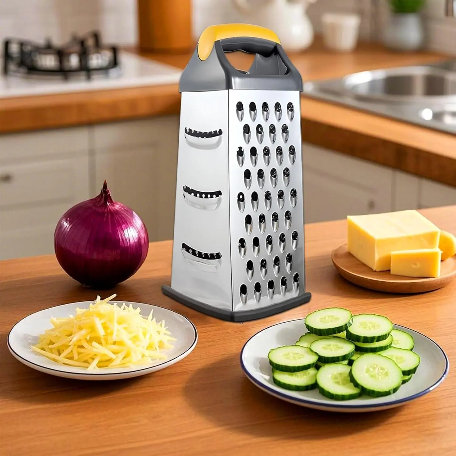 Professional Stainless Steel Cheese Grater, 9 Inch 4 Sided Kitchen Cheese Grater, Handheld Vegetable Grater for Cheese Potato Carrot Ginger Garlic, Durable Vegetable Slicer, Cheese Cutting Grater, Kitchen Gadgets