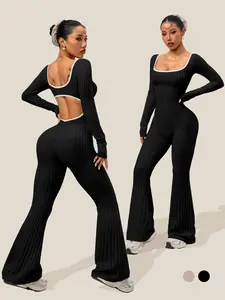 Women's Yoga Training Jumpsuit, Sporty Comfy Jumpsuit, High Stretch Colorblock Tank Top and Bell Bottoms, Backless Waist Design, Suitable for Gym and Sports