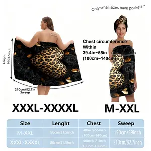Plus size (M-XXXXL) black and gold leopard print rose wrap bathrobe, suitable for women, as well as for use after bathing, spas, and swimming pools. A must-have for home and travel, Towel, Aesthetic