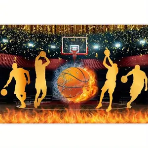 [Vivid Basketball Backdrop] Jumbo 70x90/86x110/70x157 Inch Basketball Party Backdrop Banner - 1pc 2D Flat Large Basketball Court Theme with Hoop & Players Silhouettes - Lightweight Portable Photo Booth Background for Birthday, Sports Events,