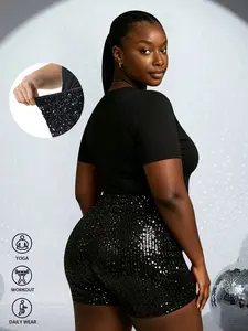 Plus Size Women's Sequin Cycling Shorts, High Waist Rhinestone Shorts, Stretch Fit for Curvy Women, Party/music Festival Wear
