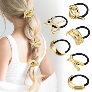 Gold Metal Hair Ties - Set of 6 Ponytail Holders for Thick Hair