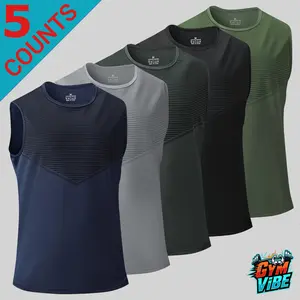 Men's Casual 5 Pack Sleeveless T-Shirts, Crew Neck Striped Panel Casual Vests, Stylish Streetwear Summer Tops for Daily Wear, Travel and Street Fashion