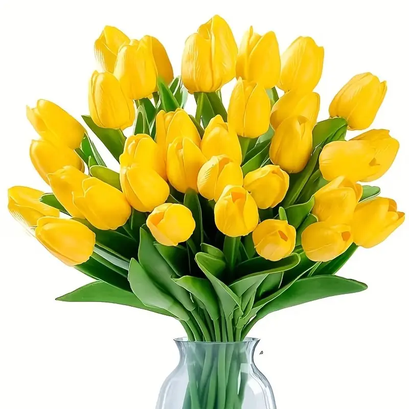 30 bouquets of spring artificial yellow tulips, Decorative, realistic artificial tulips, bright yellow flowers and green leaves, realistic plastic flowers, Fake flowers, suitable for weddings, home decoration