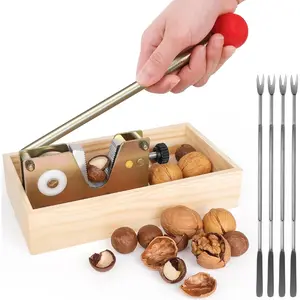 Heavy Duty Adjustable Manual Nut Cracker with Wooden Base Nut Tongs, Works for All Nuts Walnut Pecan Macadamia Hazelnuts Chestnut, 4 Picks Included