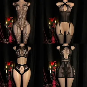 Plus Size 4pcs Open Crotch Bodysuit & Sexy Lace Lingerie Set Black Mesh Corset Lace Black Fishnet garter Basic Minimalist Intimate Apparel Seductive Clothing Pieces Womenswear Mixed Color babydoll sexy set floral christmas Teddy Halter Halter Neck