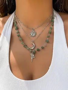 Women's Boho Style Beaded & Pendant Necklace, Vintage Trendy Beaded & Pendant Necklace, Fashionable Jewelry for Women As Gift without Box, Necklace Set