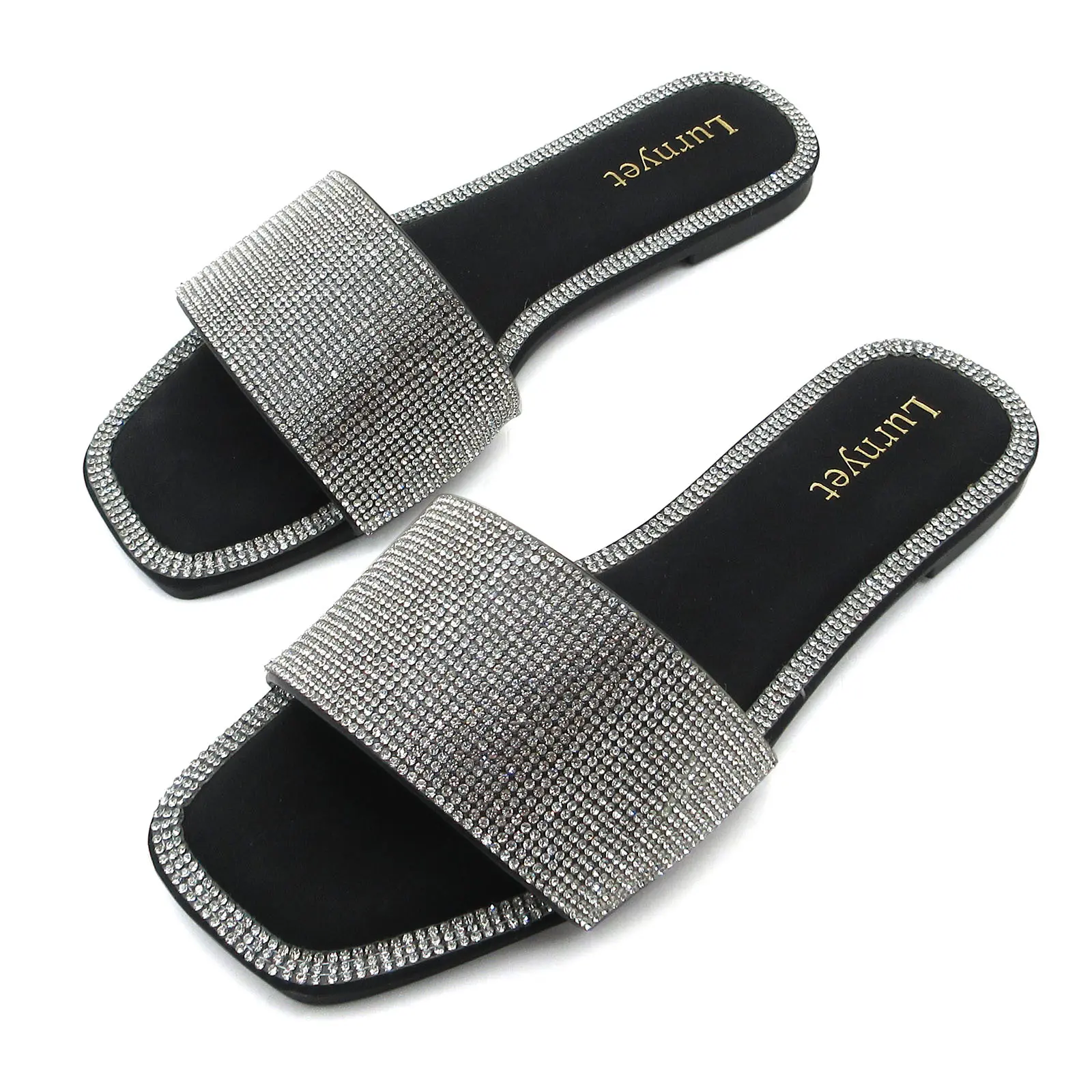 SILENTCARE Women's Bohemian Rhinestone PU Slide Sandals for Women - Slip-On Square-Toe Casual Summer Footwear with Ergonomic Footbed, Breathable Design, Anti-Slip TPR Soles, Sandals Women