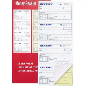 Receipt Book with Carbon Copies, 2-Part carbonless, 100 Sets per Book, 4 Receipts per Page