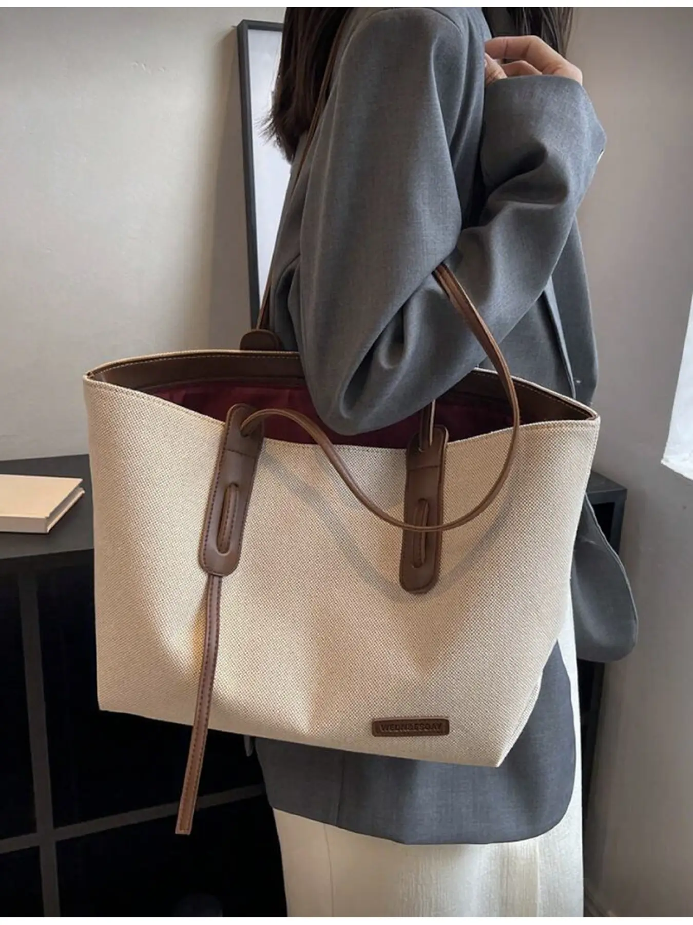 Beige Brown PU Leather Women Handbag Fashion Simple Large Capacity Color Block Zipper Closure Multifunctional Plain Tote Bag Casual Commuter Bag for Daily Commute Work School Casual Travel Retro Style
