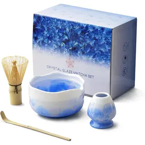 Flower Matcha Set - 4 count  Grade Matcha Kit with Spouted Bowl, Matcha Whisk, Scoop and Chasen Holder - Matcha  Ceremony  for Matcha Lovers (Mist Azure)