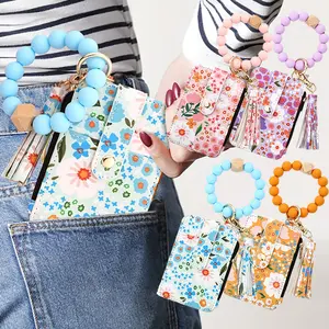 Flower Keychain Wristlet Wallets for Women Cute Silicone Beaded Credit Card Holder, Small Credit Card Holder Bracelet Key Chain Aesthetic Key Ring Bracelet Floral Wallet, Purse Bangle Tassel Beads Key Rings for Women