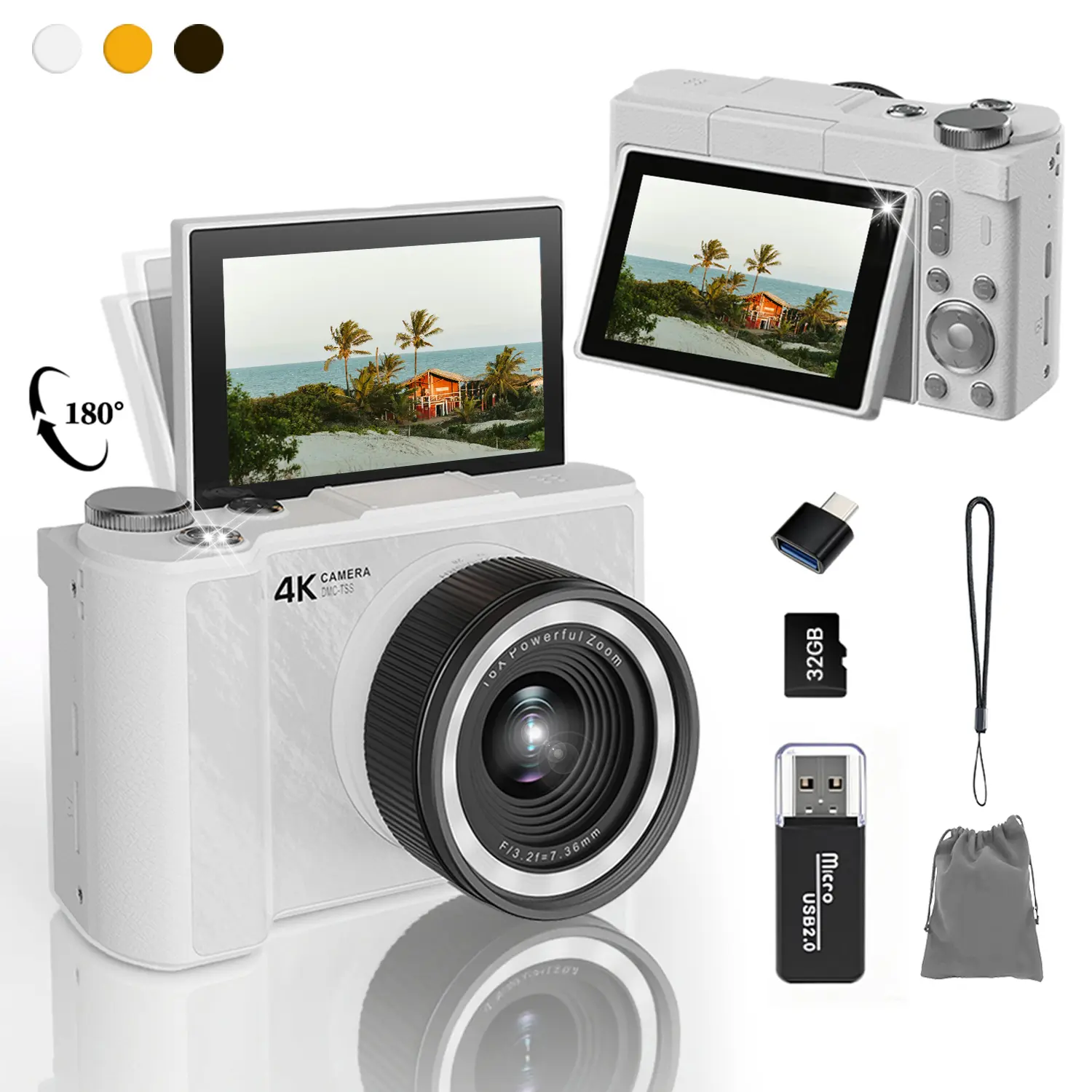 Digital Camera for Photography  with Fill Light, 4K Vlogging Camera, 16X Digital Zoom Compact Cameras, 180°Flip Screen Camera, 48MP Vlogging Camera with 32GB Card, Point and Shoot Digital Cameras