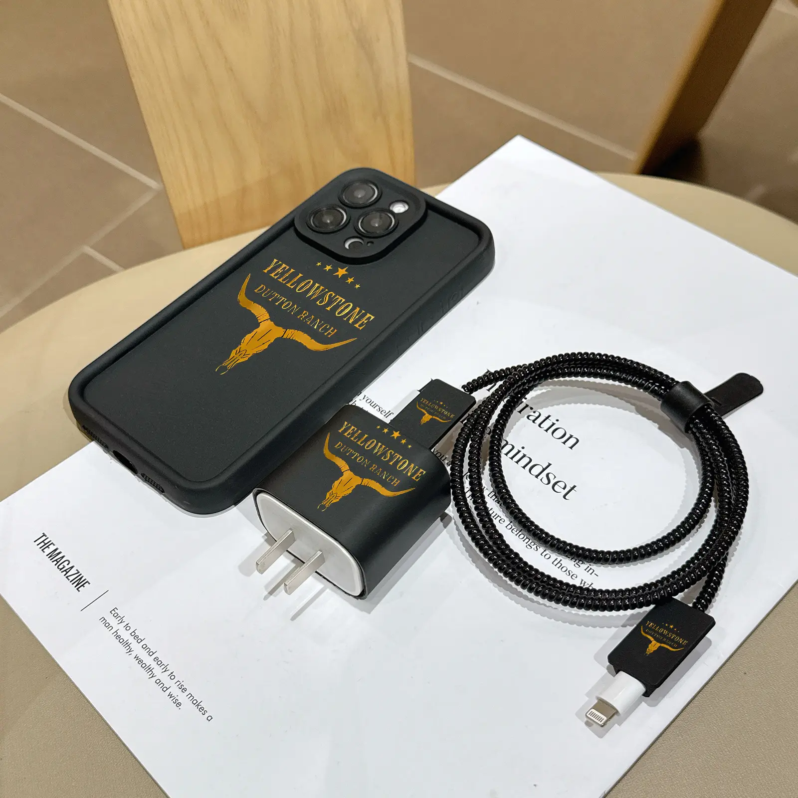 6 Piece Set Cow Head Phone Case Pattern, Charger Cap, Cable Protector, Storage Rope, Data Line Protection for iPhone 15/16 Series