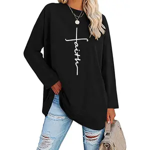 Classic Cross & Letter Print Shirt, Comfy Crewneck Long Sleeve, Basic Casual Top for Men & Women