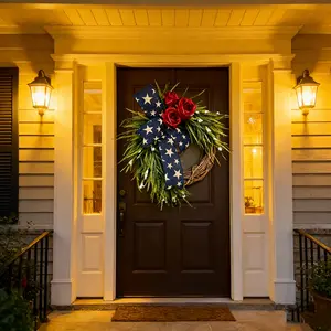 American Country Style Wreath with Roses and Leaves, Star Bow, Perfect for Veterans Day and Labor Day Porch Decor