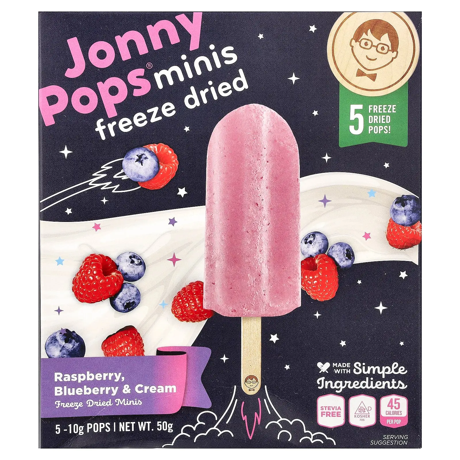 JonnyPops Freeze Dried Minis, Raspberry, Blueberry & Cream, 5 Pops, 10 g Each