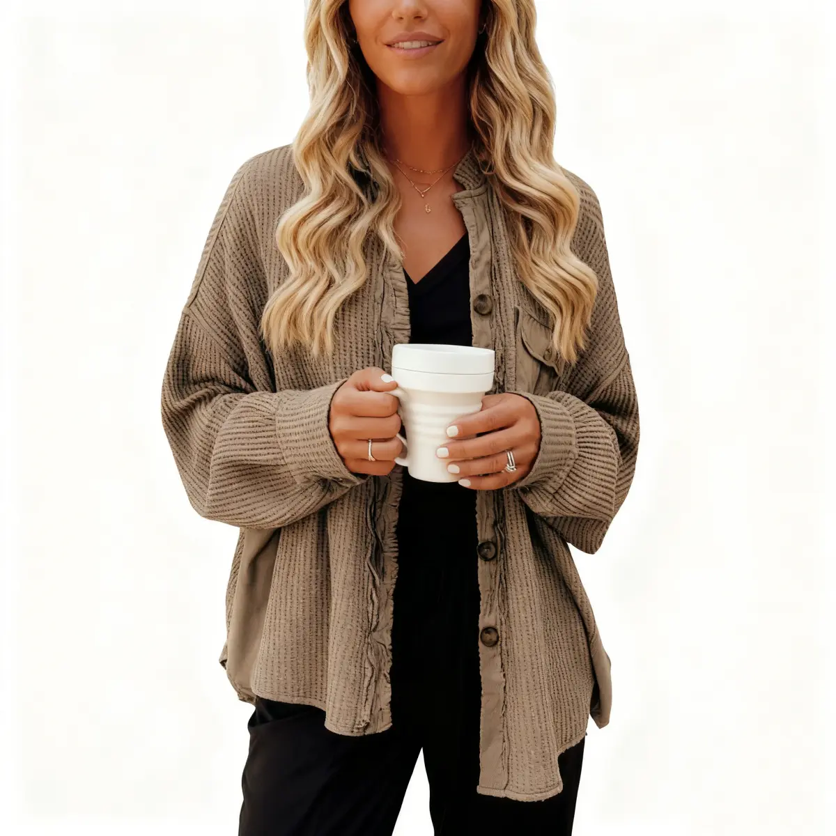 Women's Basic Elastane Plaid Waffle Knit Shacket - Loose Fit Collared Boyfriend Button-Down Top with 3/4 Length Drop Shoulder Batwing Sleeves, Casual Outer Layer Style Athletic Knitwear
