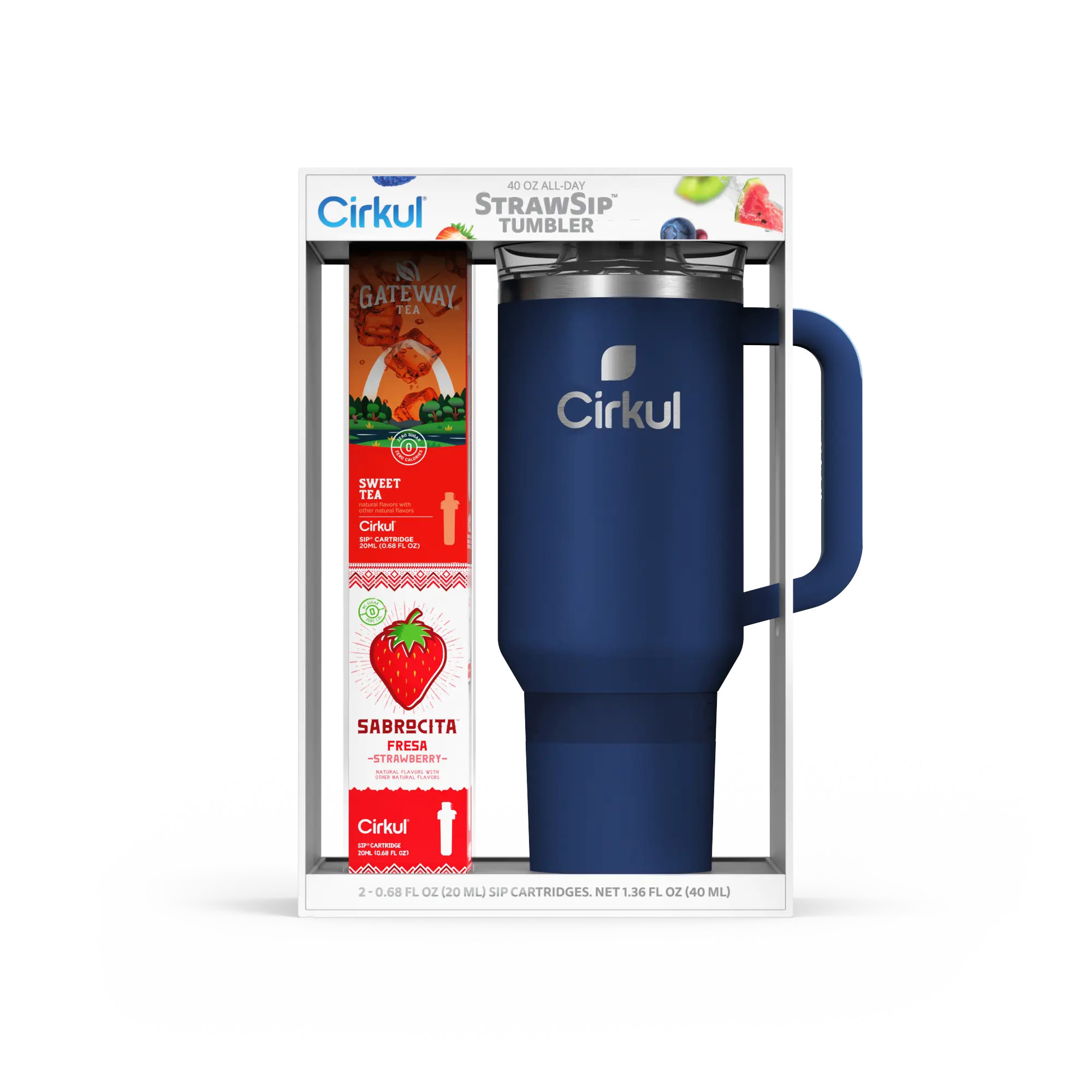 40oz. Midnight Blue Tumbler Starter KitCirkul 40oz Midnight Blue All-Day StrawSip™ Tumbler Starter Kit, 2 Flavor Cartridges (1 Gateway Tea Sweet Tea, 1 Sabrocita Strawberry), Zero Calories and No Sugar Stainless Steel Insulated Drinkware