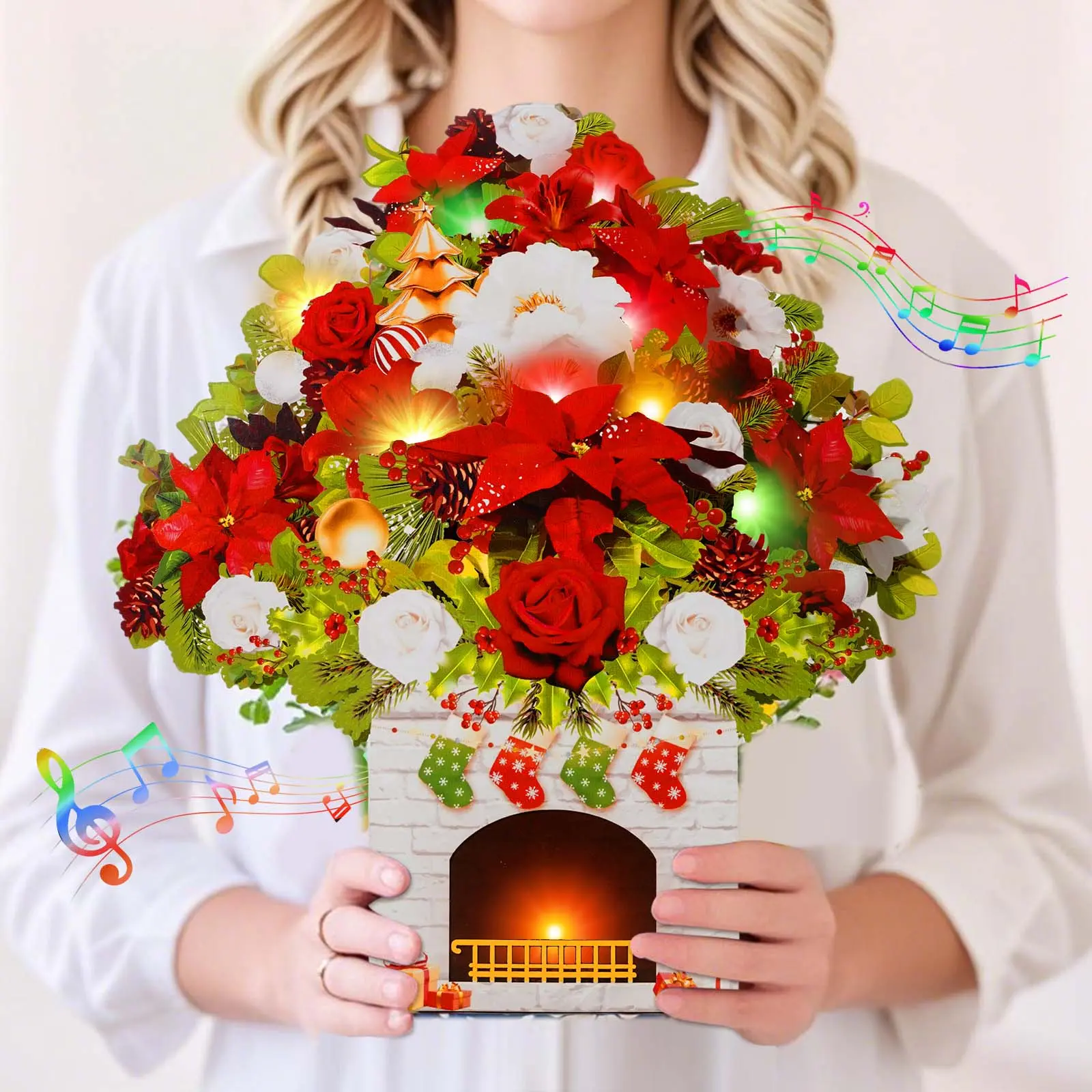 Christmas cards featuring lights and music, 3D pop-up Christmas fireplace bouquet cards, Christmas trees, holiday decorations—perfect Christmas gifts for everyone, husbands and wives, parents and children, as well as New Year presents