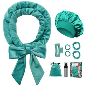No Heat Overnight Curl Headband, 70" Soft Ribbon Wrap for Long Hair, 9 count Hair Curling Rods Set - Blue Green
