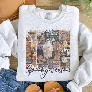 Spooky Season Collage Sweatshirt - Ash Grey - Spooky Sweatshirt